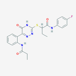 molecular formula C22H22FN5O3S B11277534 N-(4-Fluorophenyl)-2-{[5-oxo-6-(2-propanamidophenyl)-4,5-dihydro-1,2,4-triazin-3-YL]sulfanyl}butanamide 