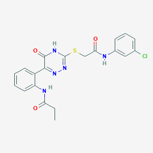 molecular formula C20H18ClN5O3S B11277718 N-{2-[3-({[(3-Chlorophenyl)carbamoyl]methyl}sulfanyl)-5-oxo-4,5-dihydro-1,2,4-triazin-6-YL]phenyl}propanamide 