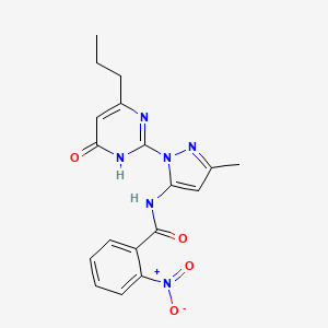 molecular formula C18H18N6O4 B11277976 N-(3-methyl-1-(6-oxo-4-propyl-1,6-dihydropyrimidin-2-yl)-1H-pyrazol-5-yl)-2-nitrobenzamide 