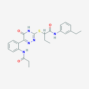 N-(3-Ethylphenyl)-2-{[5-oxo-6-(2-propanamidophenyl)-4,5-dihydro-1,2,4-triazin-3-YL]sulfanyl}butanamide