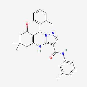 molecular formula C27H28N4O2 B11278135 6,6-dimethyl-9-(2-methylphenyl)-N-(3-methylphenyl)-8-oxo-4,5,6,7,8,9-hexahydropyrazolo[5,1-b]quinazoline-3-carboxamide 