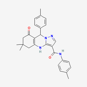 molecular formula C27H28N4O2 B11278161 6,6-dimethyl-N,9-bis(4-methylphenyl)-8-oxo-4,5,6,7,8,9-hexahydropyrazolo[5,1-b]quinazoline-3-carboxamide 