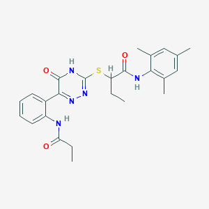 2-{[5-Oxo-6-(2-propanamidophenyl)-4,5-dihydro-1,2,4-triazin-3-YL]sulfanyl}-N-(2,4,6-trimethylphenyl)butanamide