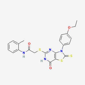 molecular formula C22H20N4O3S3 B11278323 2-((3-(4-ethoxyphenyl)-7-oxo-2-thioxo-2,3,6,7-tetrahydrothiazolo[4,5-d]pyrimidin-5-yl)thio)-N-(o-tolyl)acetamide 