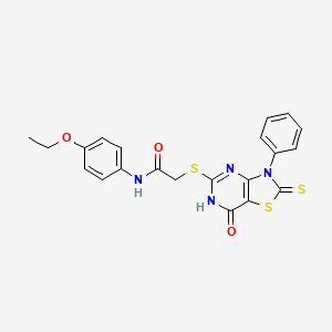 molecular formula C21H18N4O3S3 B11278368 N-(4-ethoxyphenyl)-2-((7-oxo-3-phenyl-2-thioxo-2,3,6,7-tetrahydrothiazolo[4,5-d]pyrimidin-5-yl)thio)acetamide 