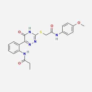 molecular formula C21H21N5O4S B11278464 N-{2-[3-({[(4-Methoxyphenyl)carbamoyl]methyl}sulfanyl)-5-oxo-4,5-dihydro-1,2,4-triazin-6-YL]phenyl}propanamide 