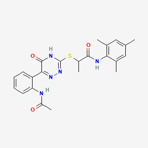 molecular formula C23H25N5O3S B11278482 2-{[6-(2-Acetamidophenyl)-5-oxo-4,5-dihydro-1,2,4-triazin-3-YL]sulfanyl}-N-(2,4,6-trimethylphenyl)propanamide 