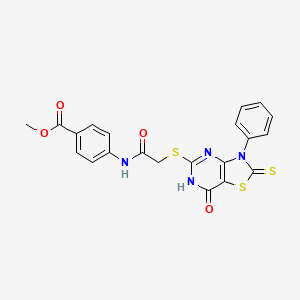 molecular formula C21H16N4O4S3 B11278491 Methyl 4-(2-((7-oxo-3-phenyl-2-thioxo-2,3,6,7-tetrahydrothiazolo[4,5-d]pyrimidin-5-yl)thio)acetamido)benzoate 