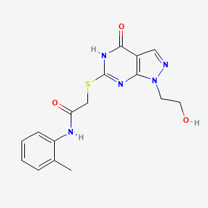 molecular formula C16H17N5O3S B11278508 2-{[1-(2-Hydroxyethyl)-4-oxo-1H,4H,5H-pyrazolo[3,4-D]pyrimidin-6-YL]sulfanyl}-N-(2-methylphenyl)acetamide 