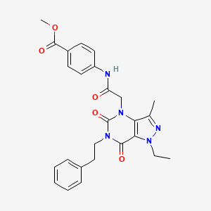 molecular formula C26H27N5O5 B11278629 methyl 4-(2-(1-ethyl-3-methyl-5,7-dioxo-6-phenethyl-6,7-dihydro-1H-pyrazolo[4,3-d]pyrimidin-4(5H)-yl)acetamido)benzoate 