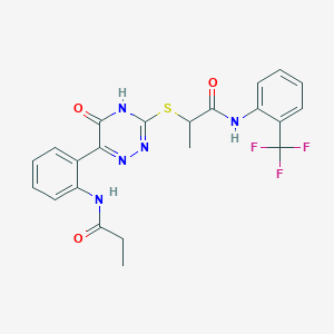 molecular formula C22H20F3N5O3S B11278756 2-{[5-Oxo-6-(2-propanamidophenyl)-4,5-dihydro-1,2,4-triazin-3-YL]sulfanyl}-N-[2-(trifluoromethyl)phenyl]propanamide 