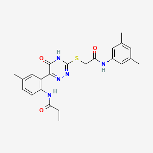 molecular formula C23H25N5O3S B11278953 N-{2-[3-({[(3,5-Dimethylphenyl)carbamoyl]methyl}sulfanyl)-5-oxo-4,5-dihydro-1,2,4-triazin-6-YL]-4-methylphenyl}propanamide 