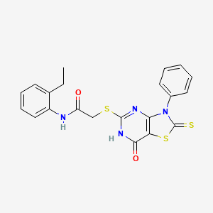 molecular formula C21H18N4O2S3 B11279249 N-(2-ethylphenyl)-2-((7-oxo-3-phenyl-2-thioxo-2,3,6,7-tetrahydrothiazolo[4,5-d]pyrimidin-5-yl)thio)acetamide 