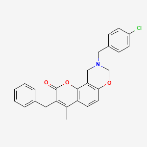 molecular formula C26H22ClNO3 B11279263 3-benzyl-9-(4-chlorobenzyl)-4-methyl-9,10-dihydro-2H,8H-chromeno[8,7-e][1,3]oxazin-2-one 