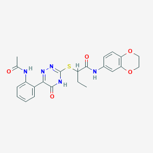 molecular formula C23H23N5O5S B11279282 N-(2,3-Dihydro-1,4-benzodioxin-6-YL)-2-{[6-(2-acetamidophenyl)-5-oxo-4,5-dihydro-1,2,4-triazin-3-YL]sulfanyl}butanamide 