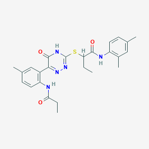 molecular formula C25H29N5O3S B11279448 N-(2,4-Dimethylphenyl)-2-{[6-(5-methyl-2-propanamidophenyl)-5-oxo-4,5-dihydro-1,2,4-triazin-3-YL]sulfanyl}butanamide 