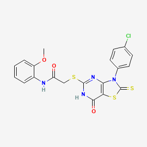 molecular formula C20H15ClN4O3S3 B11279527 2-((3-(4-chlorophenyl)-7-oxo-2-thioxo-2,3,6,7-tetrahydrothiazolo[4,5-d]pyrimidin-5-yl)thio)-N-(2-methoxyphenyl)acetamide 