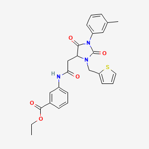 molecular formula C26H25N3O5S B11279533 Ethyl 3-({[1-(3-methylphenyl)-2,5-dioxo-3-(thiophen-2-ylmethyl)imidazolidin-4-yl]acetyl}amino)benzoate 