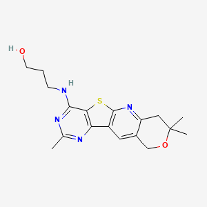 molecular formula C18H22N4O2S B11279704 3-[(5,5,13-trimethyl-6-oxa-17-thia-2,12,14-triazatetracyclo[8.7.0.03,8.011,16]heptadeca-1,3(8),9,11,13,15-hexaen-15-yl)amino]propan-1-ol 