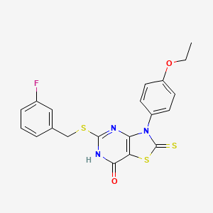 molecular formula C20H16FN3O2S3 B11279831 3-(4-ethoxyphenyl)-5-((3-fluorobenzyl)thio)-2-thioxo-2,3-dihydrothiazolo[4,5-d]pyrimidin-7(6H)-one 