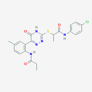 molecular formula C22H22ClN5O3S B11279906 N-(4-Chlorophenyl)-2-{[6-(5-methyl-2-propanamidophenyl)-5-oxo-4,5-dihydro-1,2,4-triazin-3-YL]sulfanyl}propanamide 