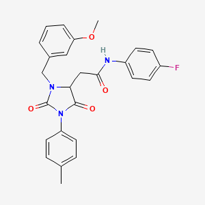 N-(4-Fluorophenyl)-2-{3-[(3-methoxyphenyl)methyl]-1-(4-methylphenyl)-2,5-dioxoimidazolidin-4-YL}acetamide