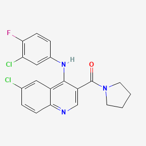 molecular formula C20H16Cl2FN3O B11280174 6-Chloro-N-(3-chloro-4-fluorophenyl)-3-(pyrrolidine-1-carbonyl)quinolin-4-amine 