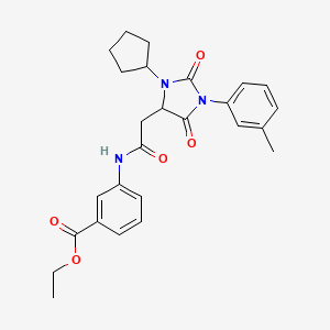 molecular formula C26H29N3O5 B11280176 Ethyl 3-({[3-cyclopentyl-1-(3-methylphenyl)-2,5-dioxoimidazolidin-4-yl]acetyl}amino)benzoate 