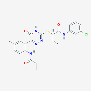 molecular formula C23H24ClN5O3S B11280318 N-(3-Chlorophenyl)-2-{[6-(5-methyl-2-propanamidophenyl)-5-oxo-4,5-dihydro-1,2,4-triazin-3-YL]sulfanyl}butanamide 