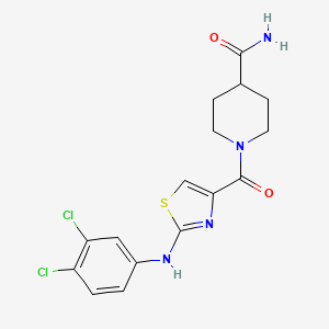 molecular formula C16H16Cl2N4O2S B11280435 1-{2-[(3,4-Dichlorophenyl)amino]-1,3-thiazole-4-carbonyl}piperidine-4-carboxamide 