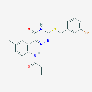 molecular formula C20H19BrN4O2S B11280452 N-[2-(3-{[(3-Bromophenyl)methyl]sulfanyl}-5-oxo-4,5-dihydro-1,2,4-triazin-6-YL)-4-methylphenyl]propanamide 