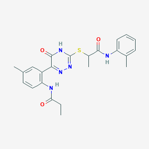 molecular formula C23H25N5O3S B11280597 2-{[6-(5-Methyl-2-propanamidophenyl)-5-oxo-4,5-dihydro-1,2,4-triazin-3-YL]sulfanyl}-N-(2-methylphenyl)propanamide 