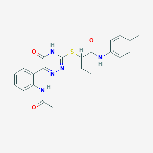 molecular formula C24H27N5O3S B11280854 N-(2,4-Dimethylphenyl)-2-{[5-oxo-6-(2-propanamidophenyl)-4,5-dihydro-1,2,4-triazin-3-YL]sulfanyl}butanamide 