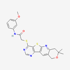 molecular formula C23H22N4O3S2 B11281129 2-[(5,5-dimethyl-6-oxa-17-thia-2,12,14-triazatetracyclo[8.7.0.03,8.011,16]heptadeca-1,3(8),9,11,13,15-hexaen-15-yl)sulfanyl]-N-(3-methoxyphenyl)acetamide 