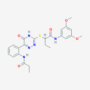 molecular formula C24H27N5O5S B11281140 N-(3,5-Dimethoxyphenyl)-2-{[5-oxo-6-(2-propanamidophenyl)-4,5-dihydro-1,2,4-triazin-3-YL]sulfanyl}butanamide 