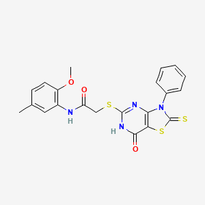 molecular formula C21H18N4O3S3 B11281152 N-(2-methoxy-5-methylphenyl)-2-((7-oxo-3-phenyl-2-thioxo-2,3,6,7-tetrahydrothiazolo[4,5-d]pyrimidin-5-yl)thio)acetamide 