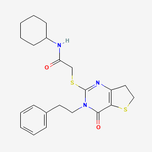 molecular formula C22H27N3O2S2 B11281241 N-cyclohexyl-2-((4-oxo-3-phenethyl-3,4,6,7-tetrahydrothieno[3,2-d]pyrimidin-2-yl)thio)acetamide 