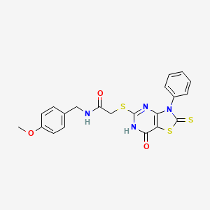 molecular formula C21H18N4O3S3 B11281309 N-(4-methoxybenzyl)-2-((7-oxo-3-phenyl-2-thioxo-2,3,6,7-tetrahydrothiazolo[4,5-d]pyrimidin-5-yl)thio)acetamide 