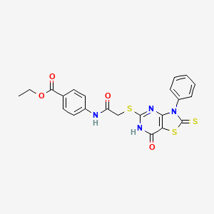 molecular formula C22H18N4O4S3 B11281498 Ethyl 4-(2-((7-oxo-3-phenyl-2-thioxo-2,3,6,7-tetrahydrothiazolo[4,5-d]pyrimidin-5-yl)thio)acetamido)benzoate 