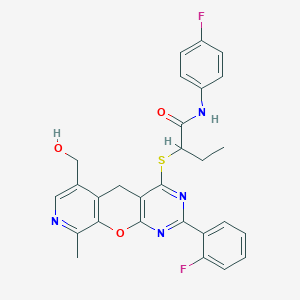 molecular formula C28H24F2N4O3S B11281743 N-(4-fluorophenyl)-2-[[5-(2-fluorophenyl)-11-(hydroxymethyl)-14-methyl-2-oxa-4,6,13-triazatricyclo[8.4.0.03,8]tetradeca-1(10),3(8),4,6,11,13-hexaen-7-yl]sulfanyl]butanamide 