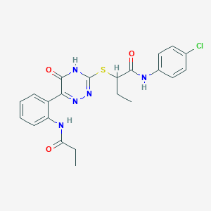 N-(4-Chlorophenyl)-2-{[5-oxo-6-(2-propanamidophenyl)-4,5-dihydro-1,2,4-triazin-3-YL]sulfanyl}butanamide