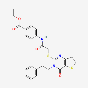 molecular formula C25H25N3O4S2 B11282109 Ethyl 4-(2-((4-oxo-3-phenethyl-3,4,6,7-tetrahydrothieno[3,2-d]pyrimidin-2-yl)thio)acetamido)benzoate 