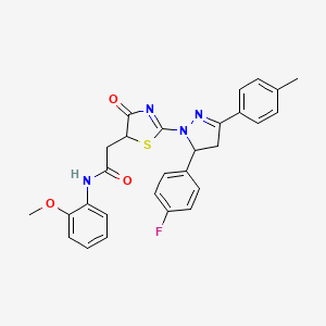 molecular formula C28H25FN4O3S B11282535 2-{2-[5-(4-fluorophenyl)-3-(4-methylphenyl)-4,5-dihydro-1H-pyrazol-1-yl]-4-oxo-4,5-dihydro-1,3-thiazol-5-yl}-N-(2-methoxyphenyl)acetamide 