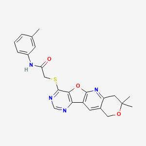 molecular formula C23H22N4O3S B11282643 2-[(5,5-dimethyl-6,17-dioxa-2,12,14-triazatetracyclo[8.7.0.03,8.011,16]heptadeca-1(10),2,8,11(16),12,14-hexaen-15-yl)sulfanyl]-N-(3-methylphenyl)acetamide 