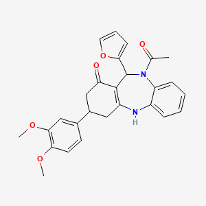 molecular formula C27H26N2O5 B11282712 1-[3-(3,4-dimethoxyphenyl)-11-(furan-2-yl)-1-hydroxy-2,3,4,11-tetrahydro-10H-dibenzo[b,e][1,4]diazepin-10-yl]ethanone 