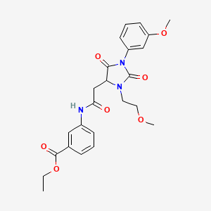 molecular formula C24H27N3O7 B11282769 Ethyl 3-({[3-(2-methoxyethyl)-1-(3-methoxyphenyl)-2,5-dioxoimidazolidin-4-yl]acetyl}amino)benzoate 