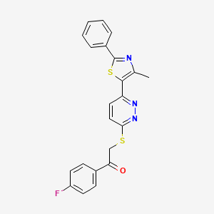 molecular formula C22H16FN3OS2 B11283240 1-(4-Fluorophenyl)-2-((6-(4-methyl-2-phenylthiazol-5-yl)pyridazin-3-yl)thio)ethanone 