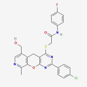 molecular formula C26H20ClFN4O3S B11283266 2-{[5-(4-chlorophenyl)-11-(hydroxymethyl)-14-methyl-2-oxa-4,6,13-triazatricyclo[8.4.0.0^{3,8}]tetradeca-1(10),3(8),4,6,11,13-hexaen-7-yl]sulfanyl}-N-(4-fluorophenyl)acetamide 