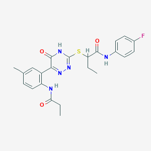 N-(4-Fluorophenyl)-2-{[6-(5-methyl-2-propanamidophenyl)-5-oxo-4,5-dihydro-1,2,4-triazin-3-YL]sulfanyl}butanamide