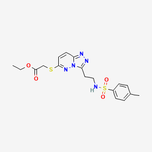 molecular formula C18H21N5O4S2 B11283301 Ethyl 2-({3-[2-(4-methylbenzenesulfonamido)ethyl]-[1,2,4]triazolo[4,3-B]pyridazin-6-YL}sulfanyl)acetate 